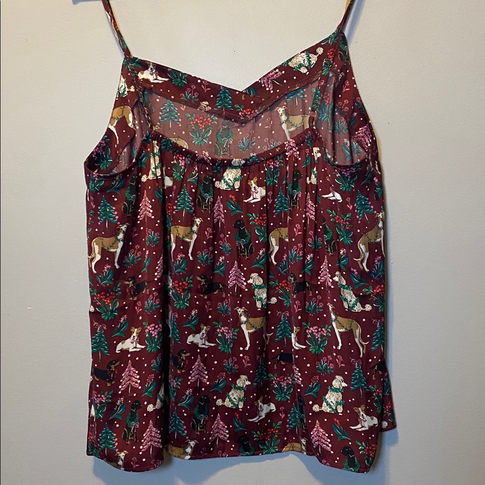 Lands End Pajama Set Women Large Burgundy Holiday Hounds Print Pull On Pant Tank - Picture 14 of 16